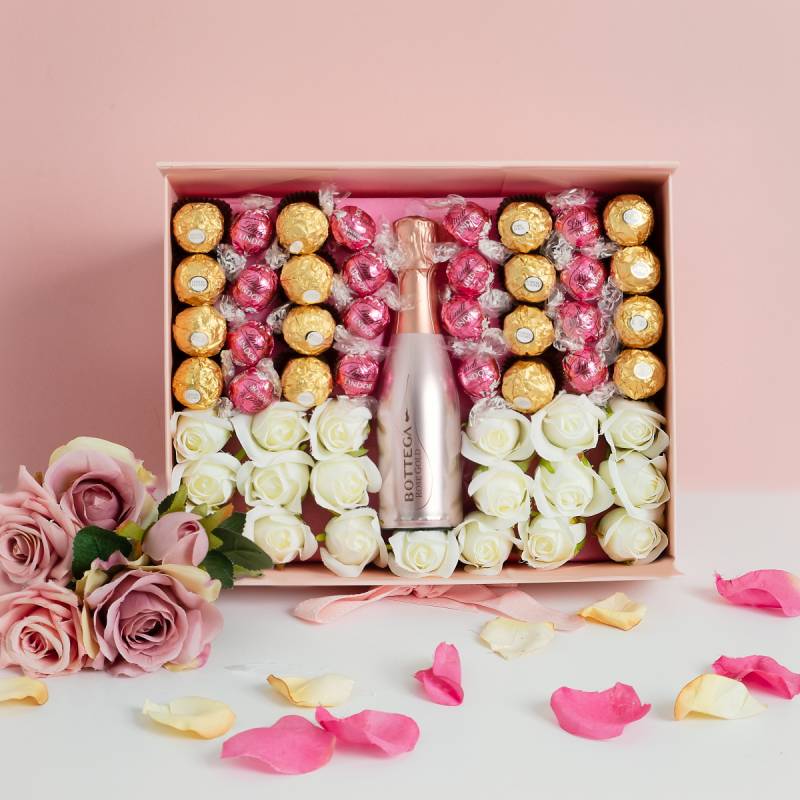 Luxury Pink Prosecco Hamper with White Roses and Chocolates