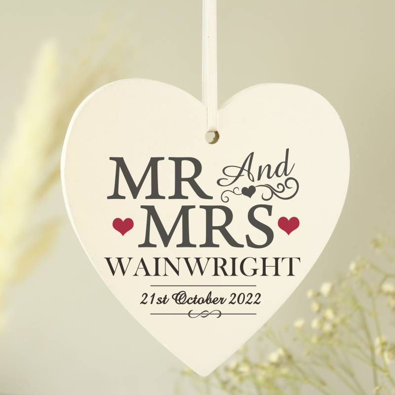 Personalised Mr & Mrs Wooden Heart Decoration